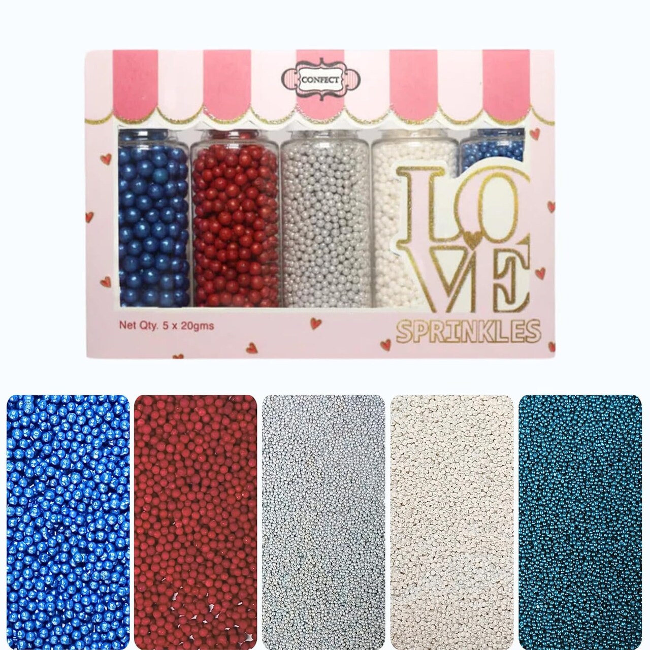 Patriotic Sprinkles | Sprinkles for Cakes & Cupcakes Decoration | Pack of 5 Mix Navy Blue & Deep Red, Sliver, White & Blue Pearl Dragees